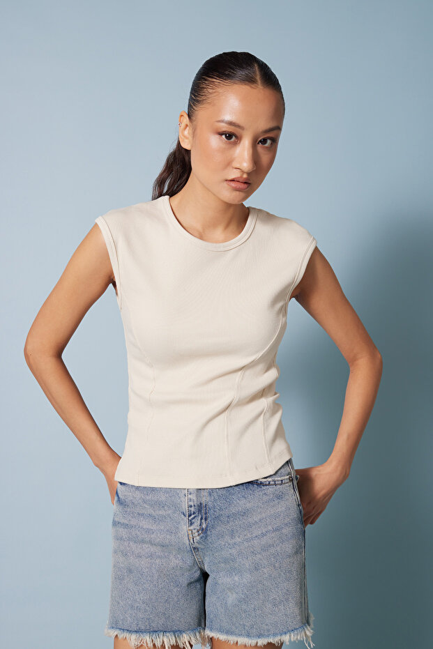 Stitched Detail Cotton Top Beige