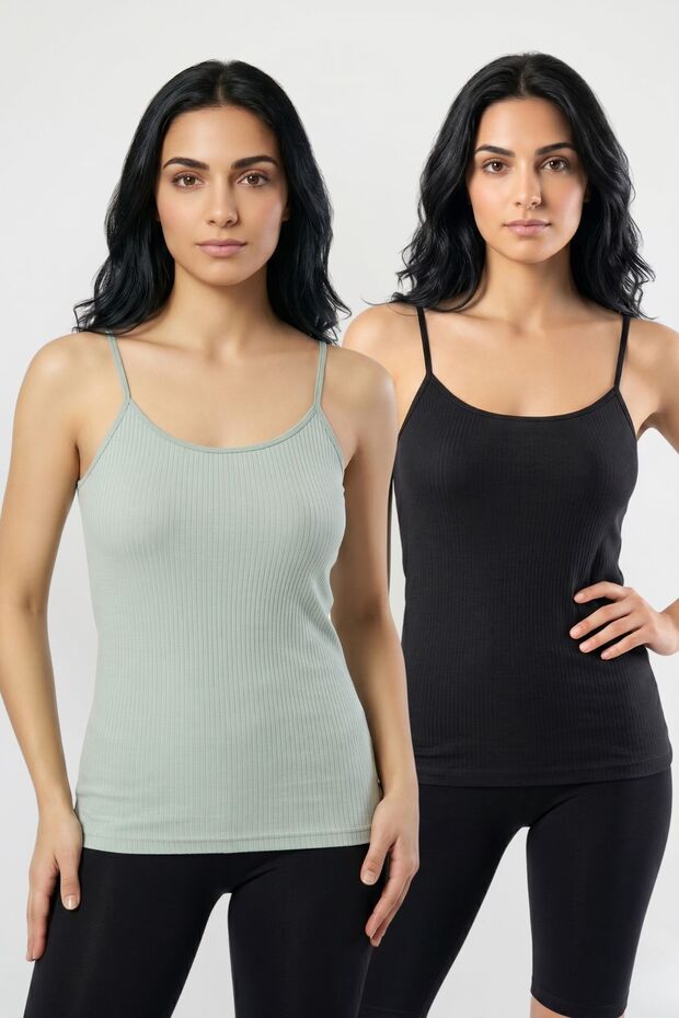 2-Pack Women's 95% Cotton Rope Strap Ribbed Undershirt Flexible Breathable Fabric Daily Basic Underwear Body-Hugging Camisole Style Double Set
