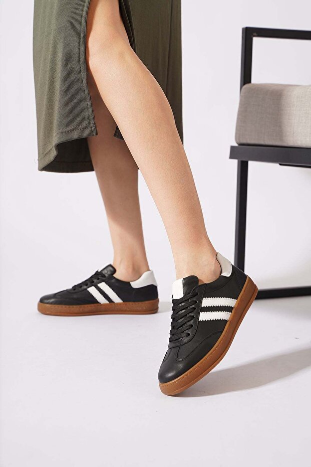 Kalesna genuine leather women's sneakers with side stripes - black
