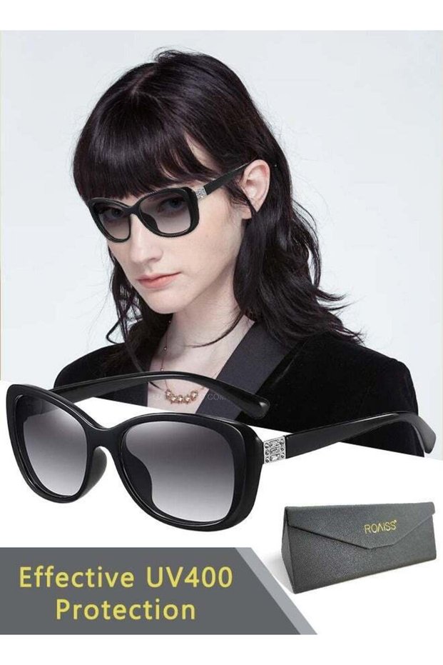 Womens Polarized Oval Sunglasses UV400 Protection Black Metal and PC Frame Fashion Anti Glare Sun Shades with Glasses Case