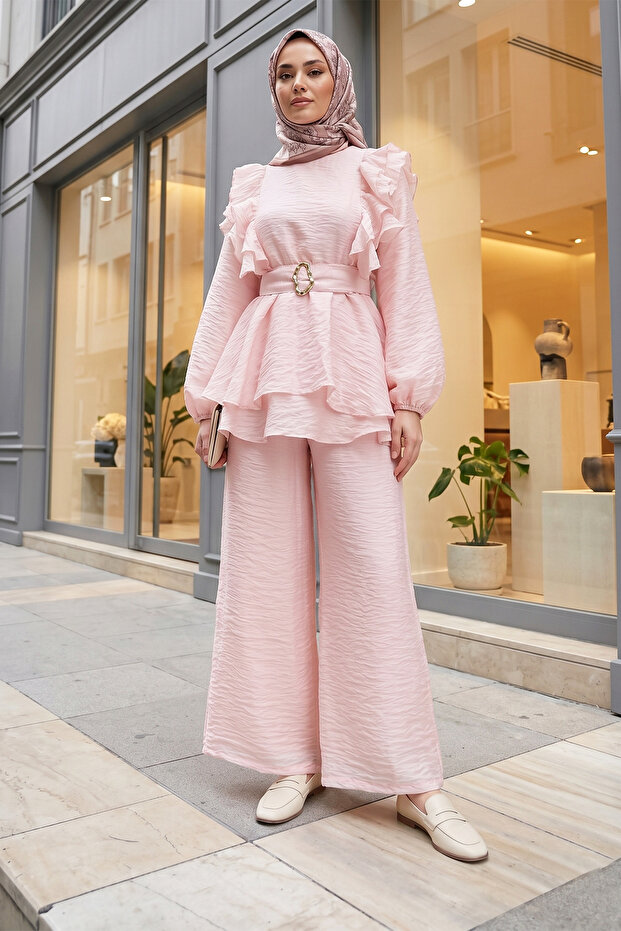 Ruffle Detail Tunic Pants Voile Bottom Top Set -Powder