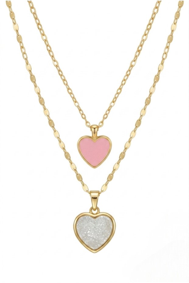 Double Heart Necklace Set Pink and Shiny White Heart 316L Steel Gift