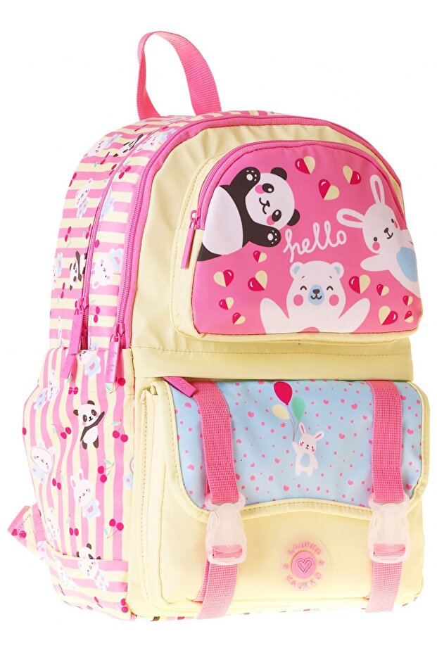 Kids Four-Compartment Girl's Hello Printed Yellow - Pink School Backpack - L5308