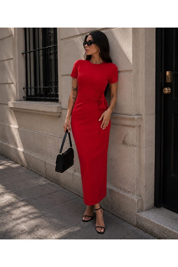 Women's Crew Neck Short Sleeve Side Tie Detailed Slit Bodycon Midi Dress