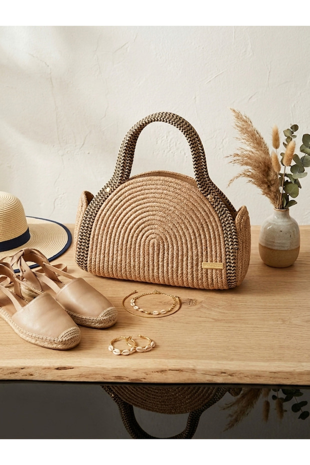 Women's Light Brown, Gray Handle Summer Woven Handbag - Stylish and Elegant Vacation Style Women's Handbag