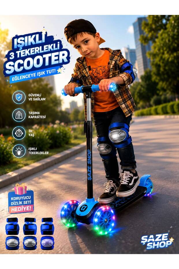 3-Wheel Lighted Scooter Blue, Adjustable Height Children's Scooter for Ages 3+ + Protective Knee Pad Set as a Gift
