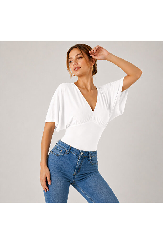 V-Neck Bat Sleeve Waist Fitted Short Sleeve Blouse