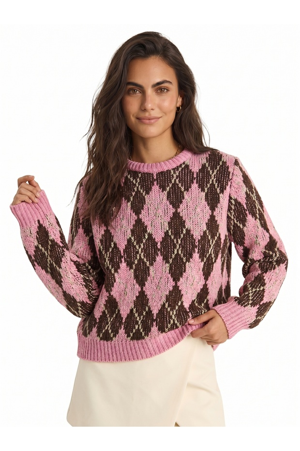 Pink Cotton Viscose Blend Crew Neck Comfortable Fit Diamond Pattern Knitted Sweater