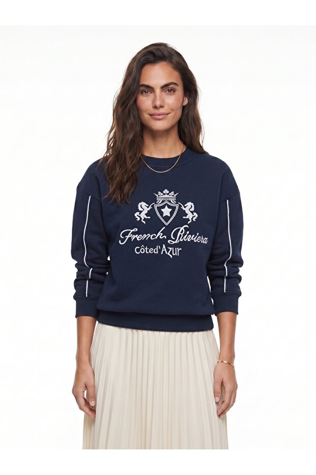 Navy Blue Cotton Crew Neck Three-Thread Embroidered Sweatshirt