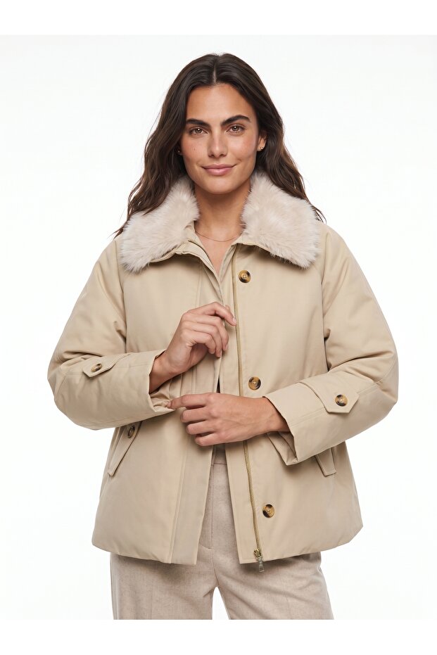 Stone Polyester Fabric Removable Fur Collar Water Repellent Inflatable Coat