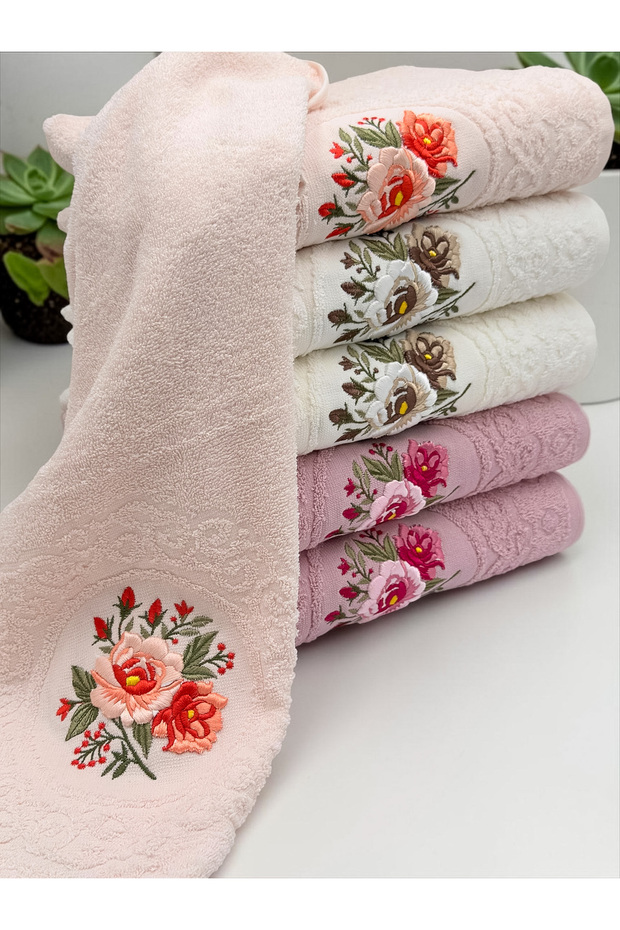 Floral Embroidery 6 Piece 50X90 Hand and Face Towel Set