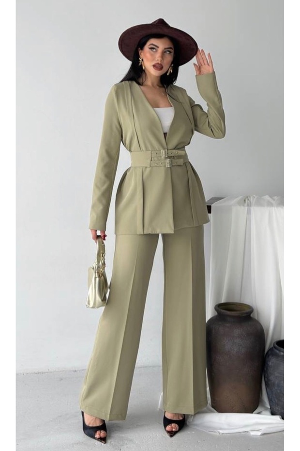 Women's Double Buckle Belt Detailed Wide Leg Suit Pants Khaki