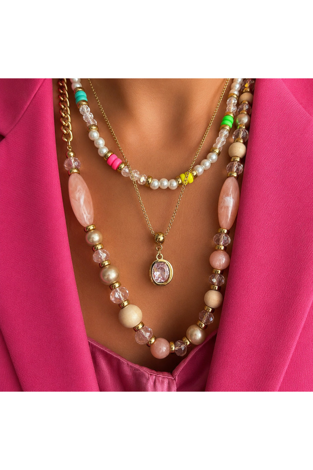 Gourmet Detailed Pink Beaded-Colorful Two-Row-Three-Piece Necklace Set-Sent with Microfiber Jewelry Cloth