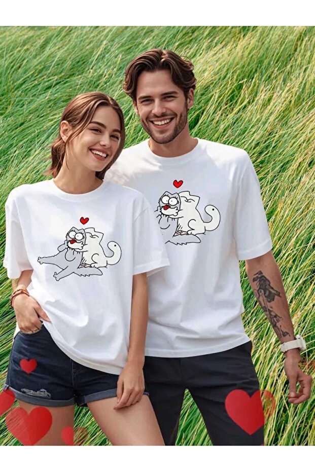 Dear Couple Combination Hugging Cat Printed T-Shirt Unisex Loose Oversize Boyfirend (Price for 2 Pieces)