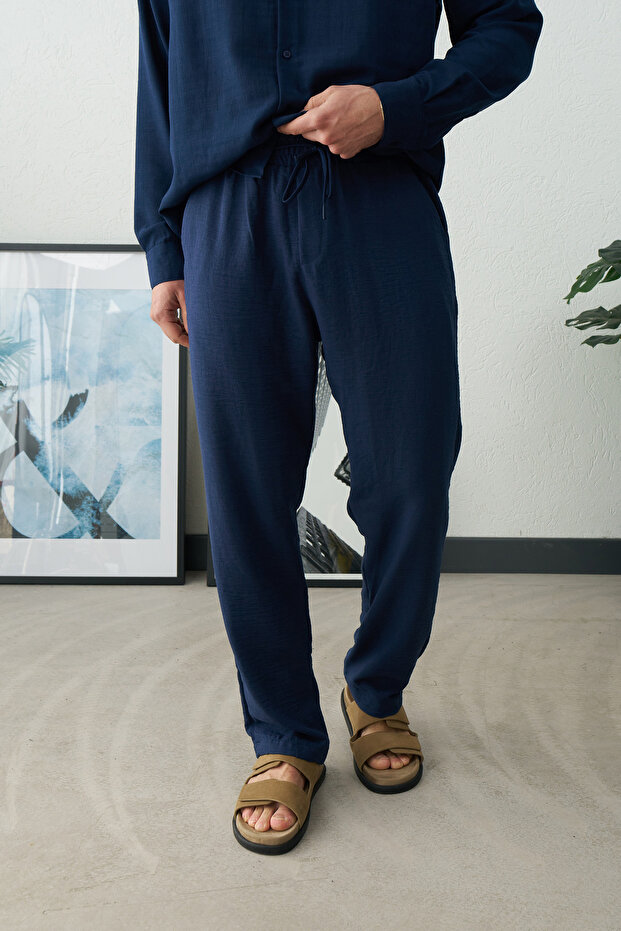 Regular Navy Blue Men's Linen Boyfriend Pants