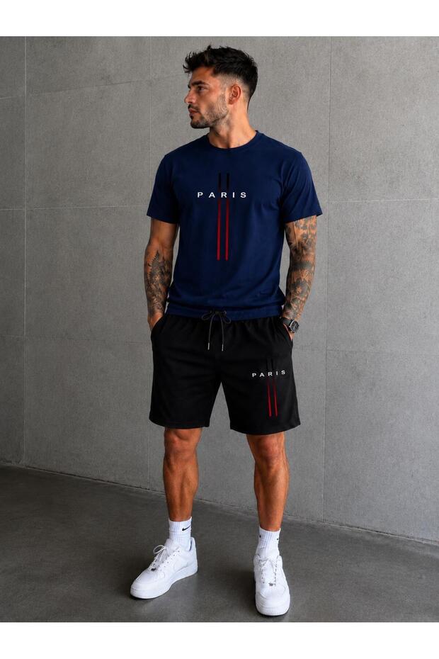 Men's Paris Double Stripe Shorts T-Shirt Set