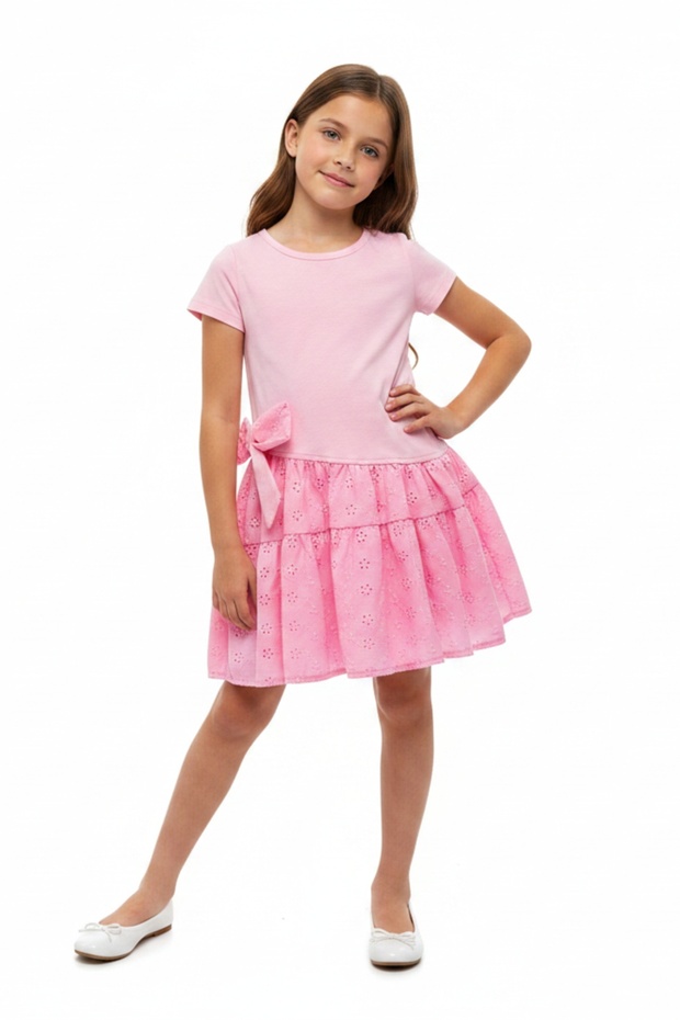 Girl's Regular Fit Crew Neck Bow Detailed Embroidered Skirt Short Sleeve Dress 25050