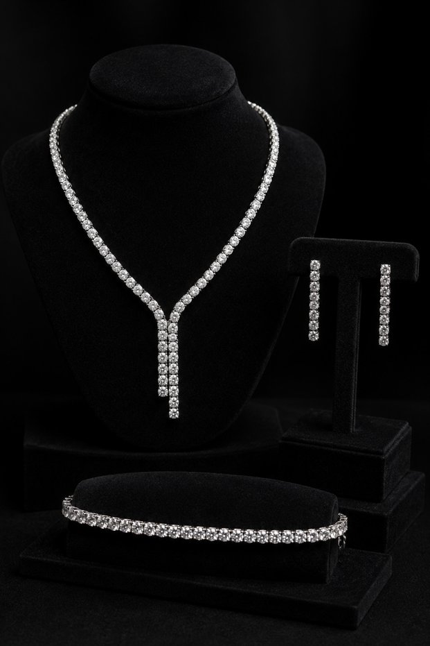 Zircon Waterway Set Bracelet Vera 2 Model Baguette and Zircon Stone Elegant Rhodium Plated Wedding Set Engagement Set Necklace Earring Jewelry Set