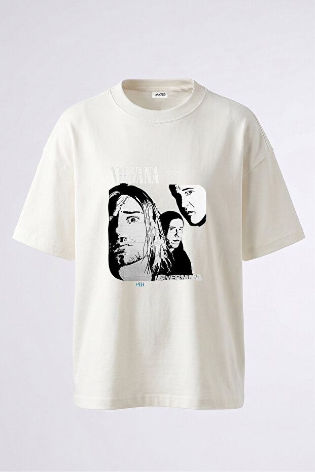 تي شيرت Nirvana Nevermind Design مطبوع من الخلف مصنوع من القطن باللون الأبيض مقاس كبير