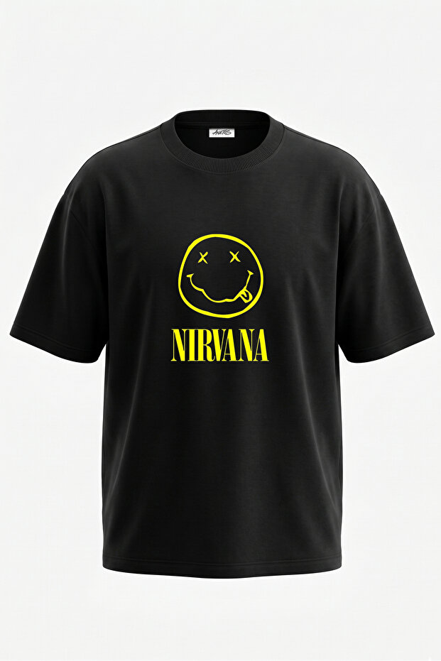 Nirvana Smiley_1 Design Back Printed Cotton Black Oversize T-Shirt