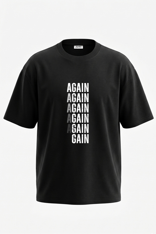 Again Grunge Design Back Printed Cotton Black Oversize T-Shirt