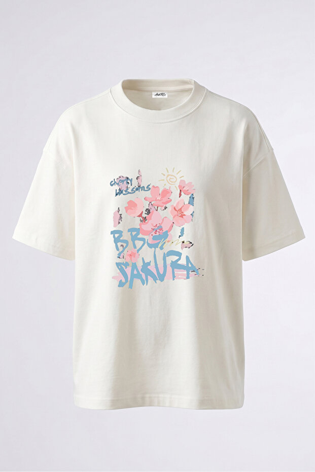 Sakura Design Back Printed Cotton White Oversize T-Shirt