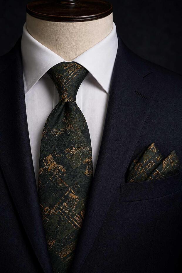Green Orange Motif Pattern Classic Tie with Handkerchief Kk13747