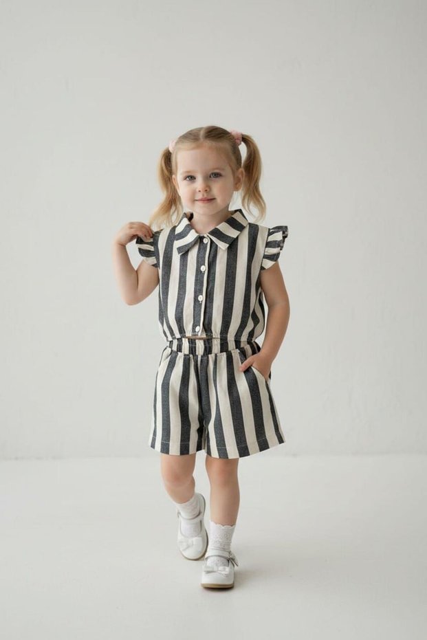 Woven Girls' Set with Stripe Patterned Shorts
