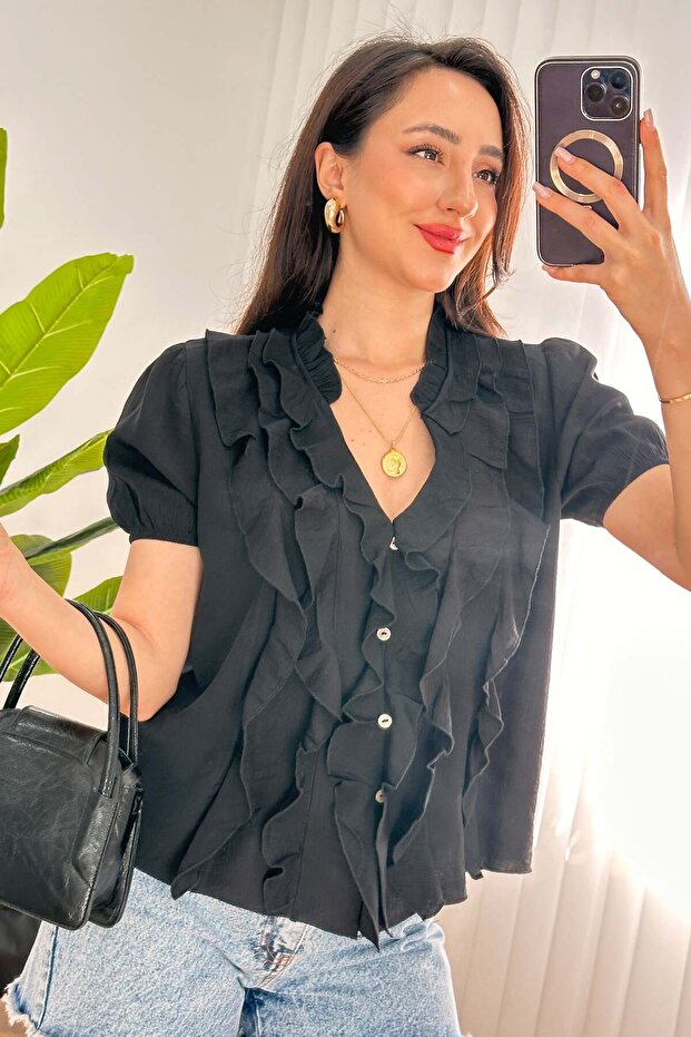 Ruffle Detailed Short Sleeve Black Blouse