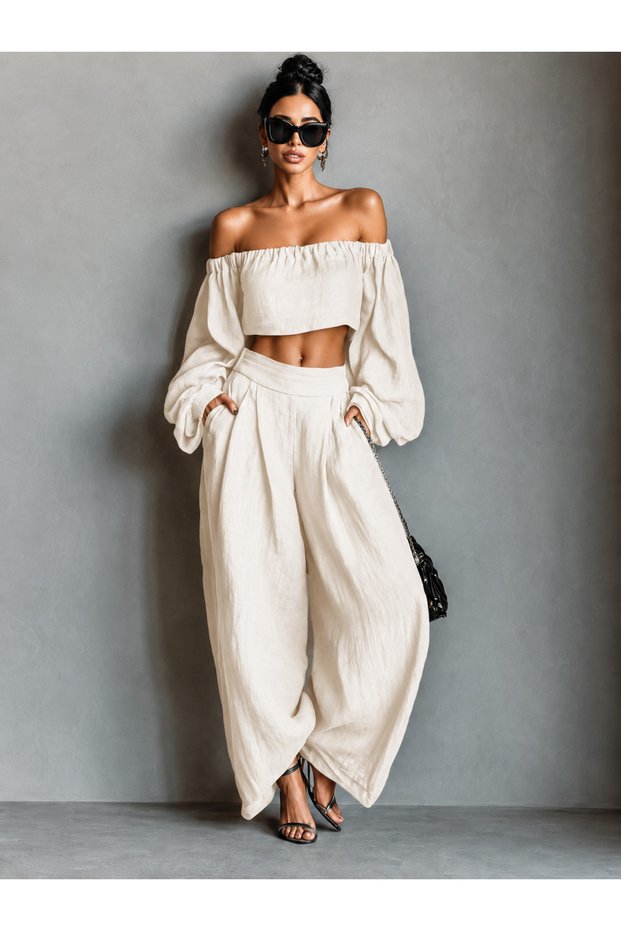 Women's Ecru Madonna Collar Crop Blouse and Shalwar Cut Loose Pants Two-Piece Set