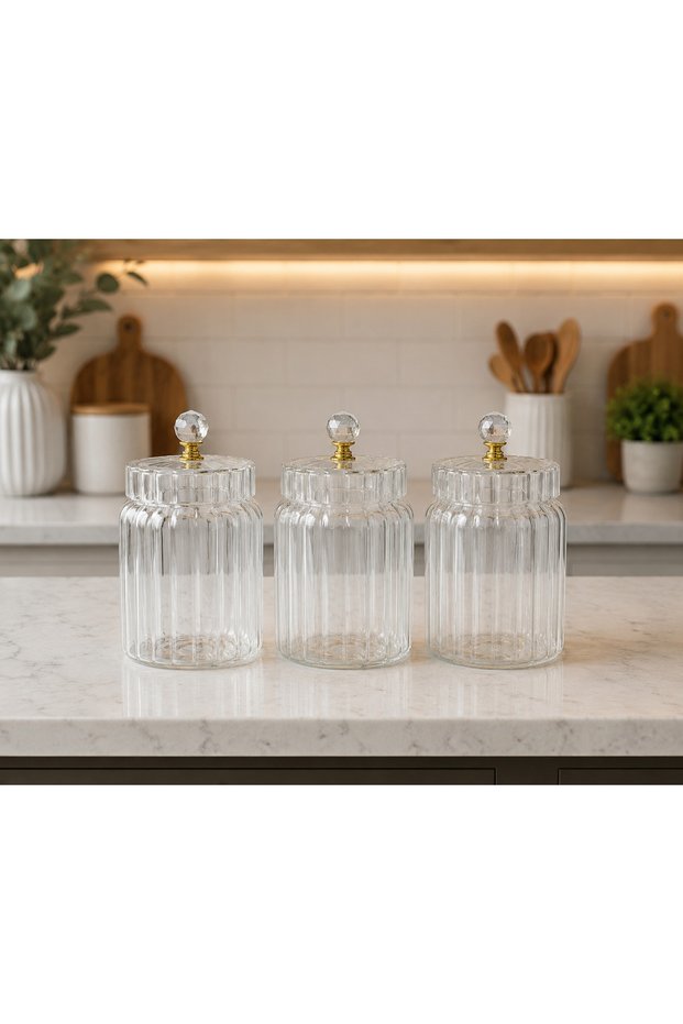 Set of 3 Borosilicate Glass Jars with Gold Diamond Lid 630 ml