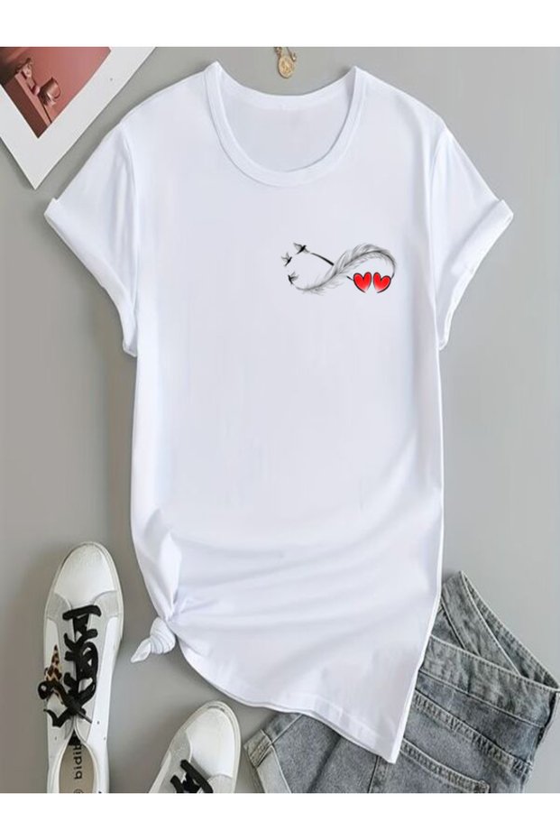 Heart Detailed Printed White Oversize T-Shirt