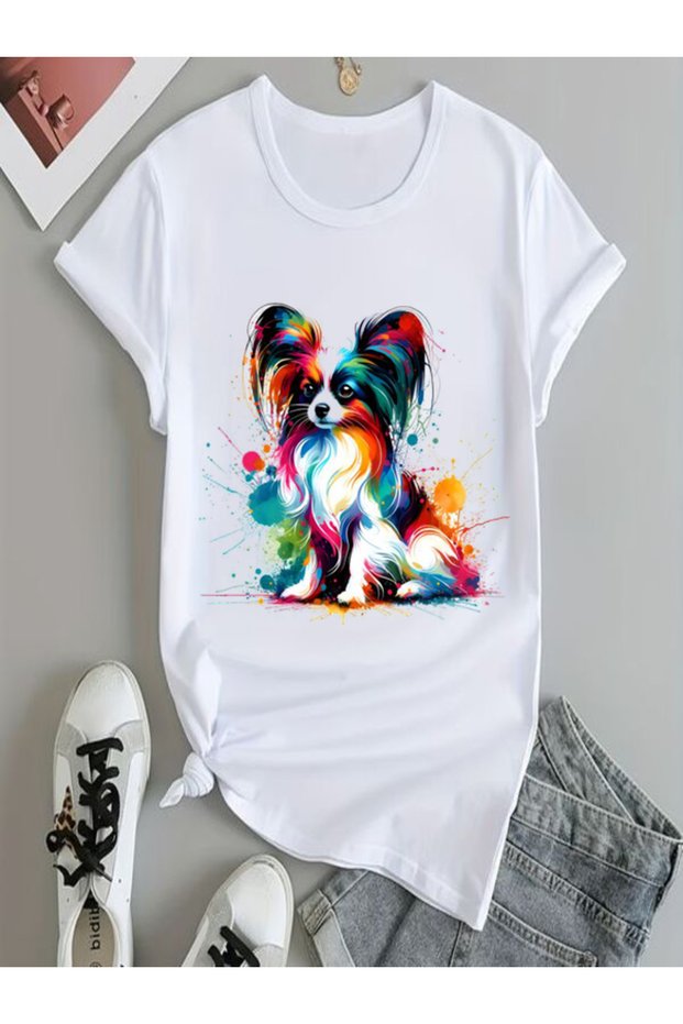 Colorful Dog Print White T-Shirt