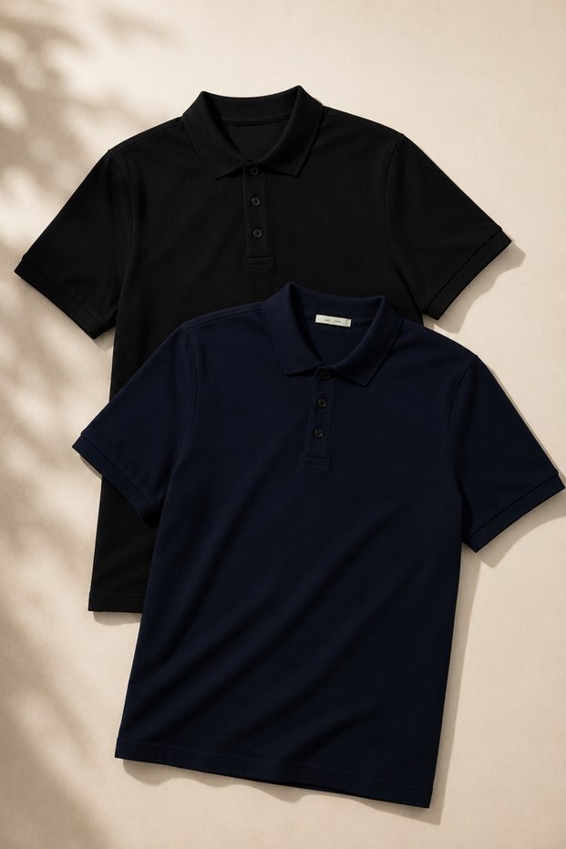Men's 2-Pack Polo Collar T-Shirt Black-Navy Blue 100% Cotton Non-Shrink Fabric Regular Fit