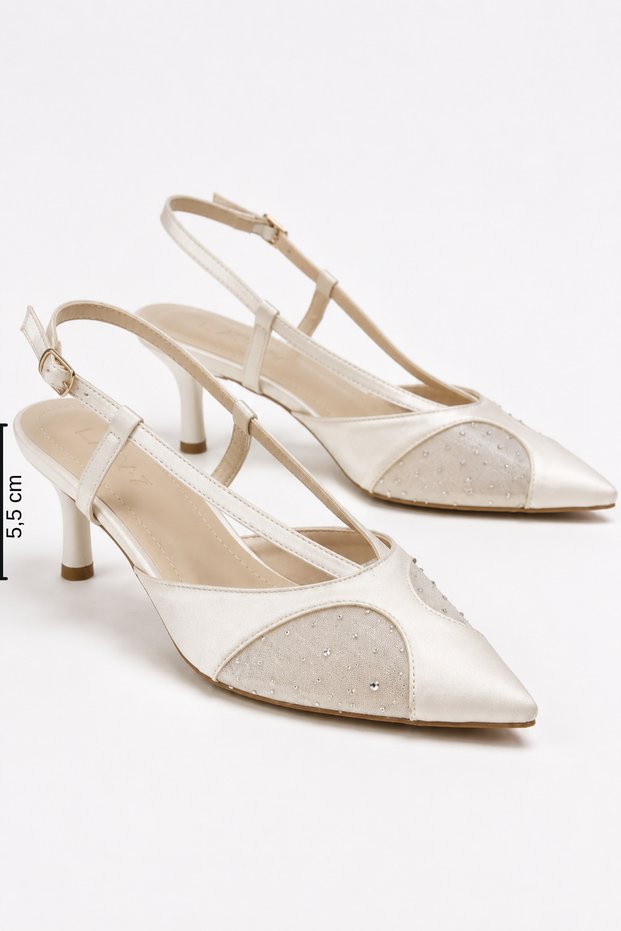 Women's White Satin Stone Detailed Evening Dress Shoes 5.5 cm Heel Comfortable Full Fit.