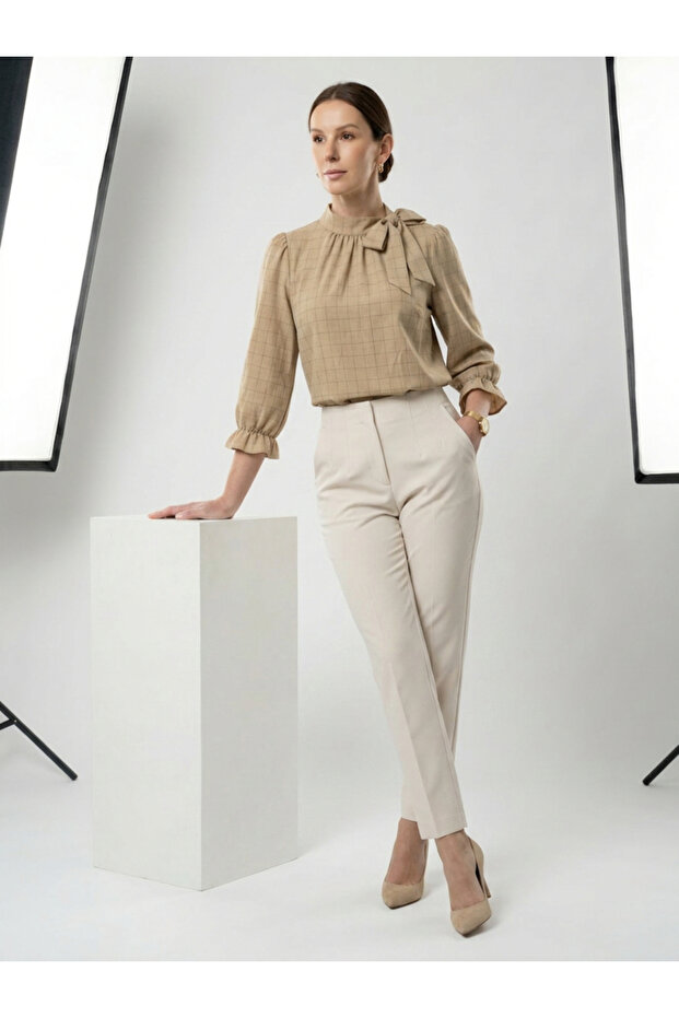 Beige Grid Pattern Tie-Up Neck Top