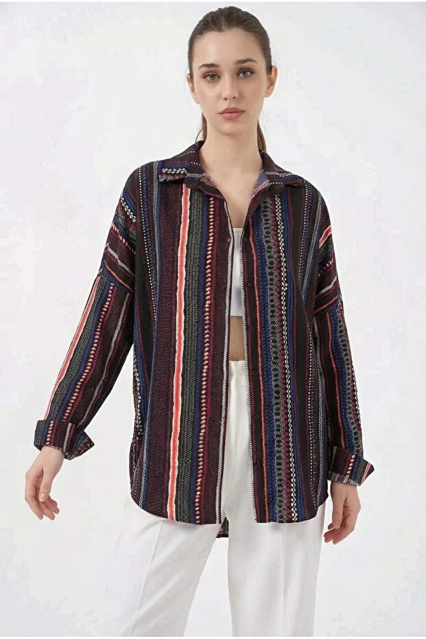 Women's Graphic Patterned Viscose D.Navy Blue Shirt
