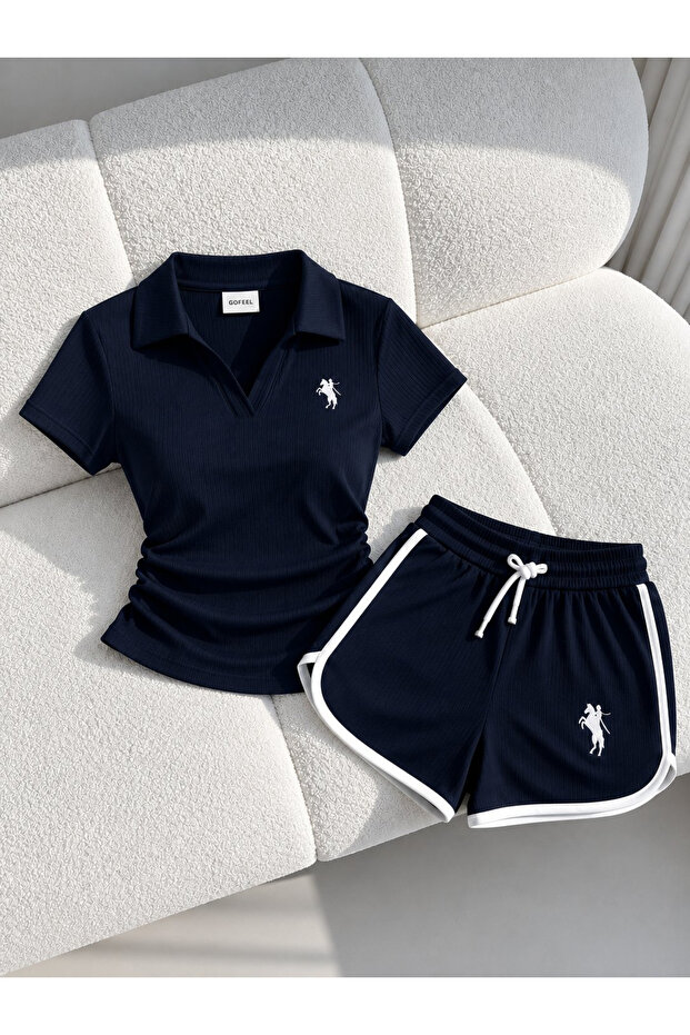 Navy Blue Polo Collar Lycra Embroidered Blouse & Shorts Set