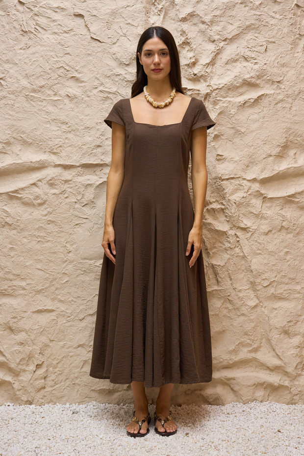 Brown Square Neck Short Sleeve Flowy Linen Dress