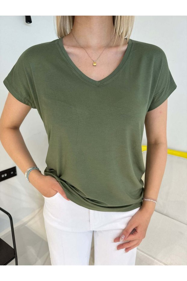 Khaki V-Neck Soft Textured T-Shirt