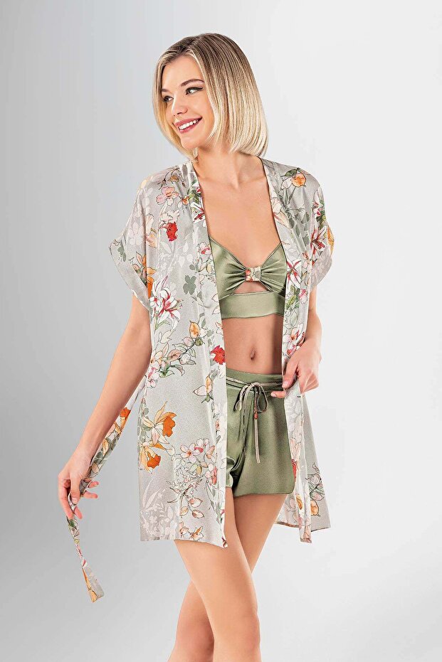 Women's 3-Piece Floral Patterned Dressing Gown Bustier and Shorts Pajama Set