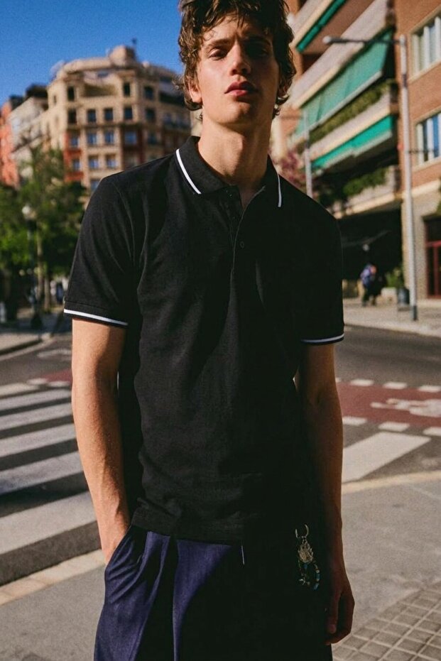 Men's Buttoned Fashion Black Polo Collar T-Shirt