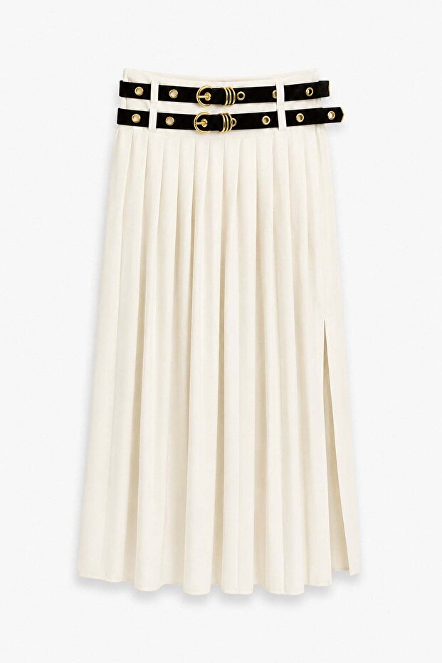 Double Belted Pleated Skirt Cream