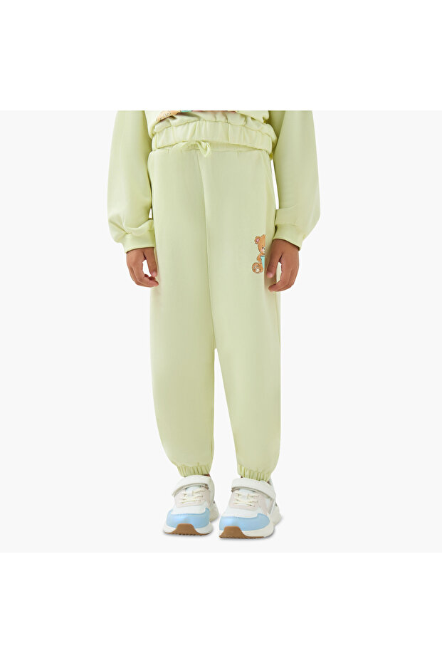 Girls Joggers with Bear Print - Cotton - Drawstring Waist