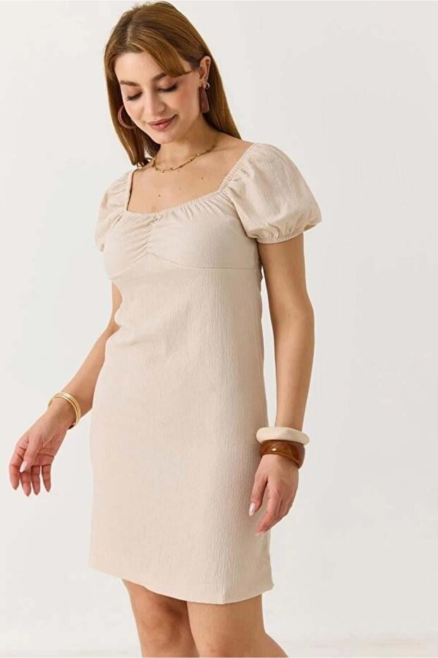 Women's Drawstring Carmen Collar Dress Stone