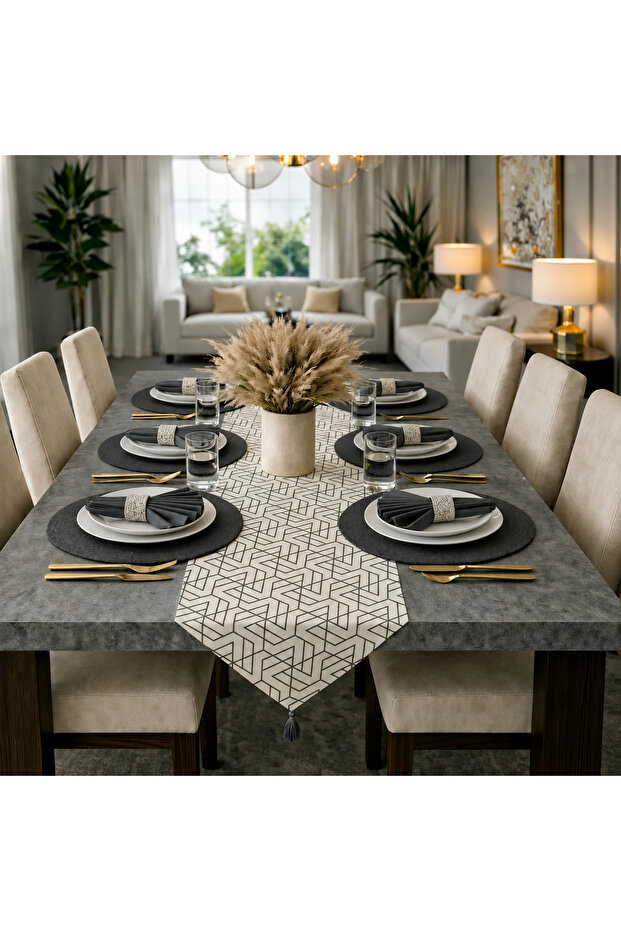 Modern Pattern, 6 Anthracite Supla Napkins, 6 Anthracite Napkin Rings, and Runner Cover