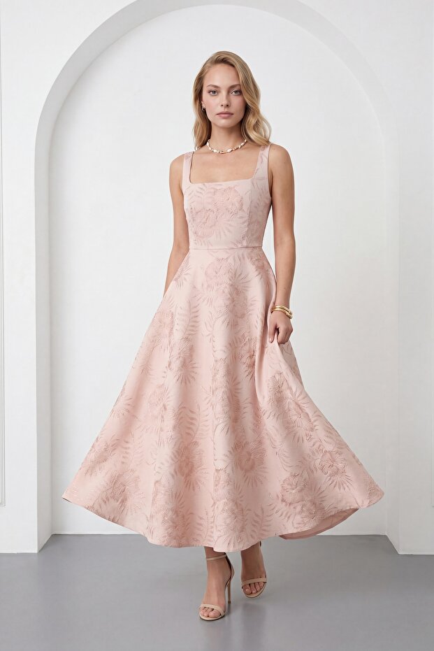 Women's Pink Square Neck Floral Patterned Midi Event Dress
