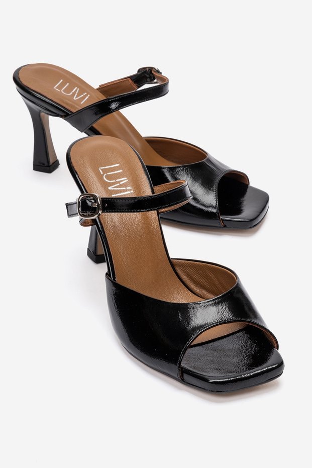 Urael Black Patent Leather Genuine Leather Women's Heeled Slippers