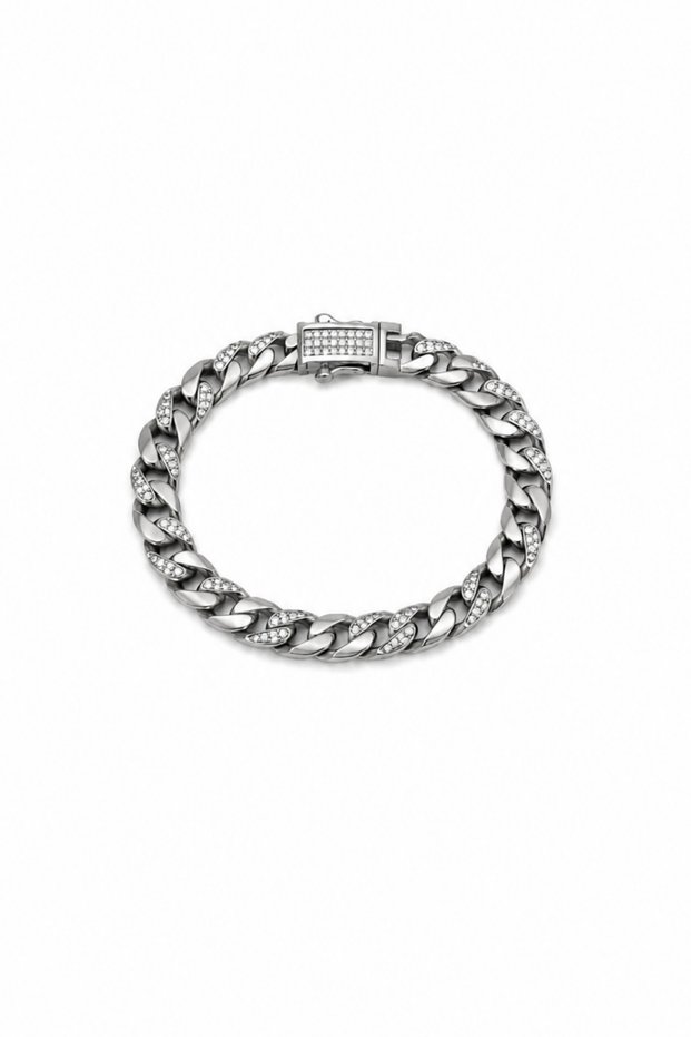 Jewelry Women's Stone Detailed Silver Color Thick Gourmet Chain Tarnish Resistant Steel Bracelet 1098