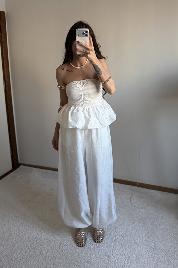 White Parachute Fabric Strapless Top and Bottom Set